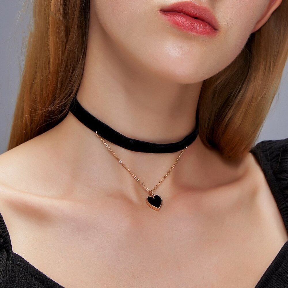 3/$35 Love Heart Pendant Charm Layered Necklace Choker Flannel Gold Chain